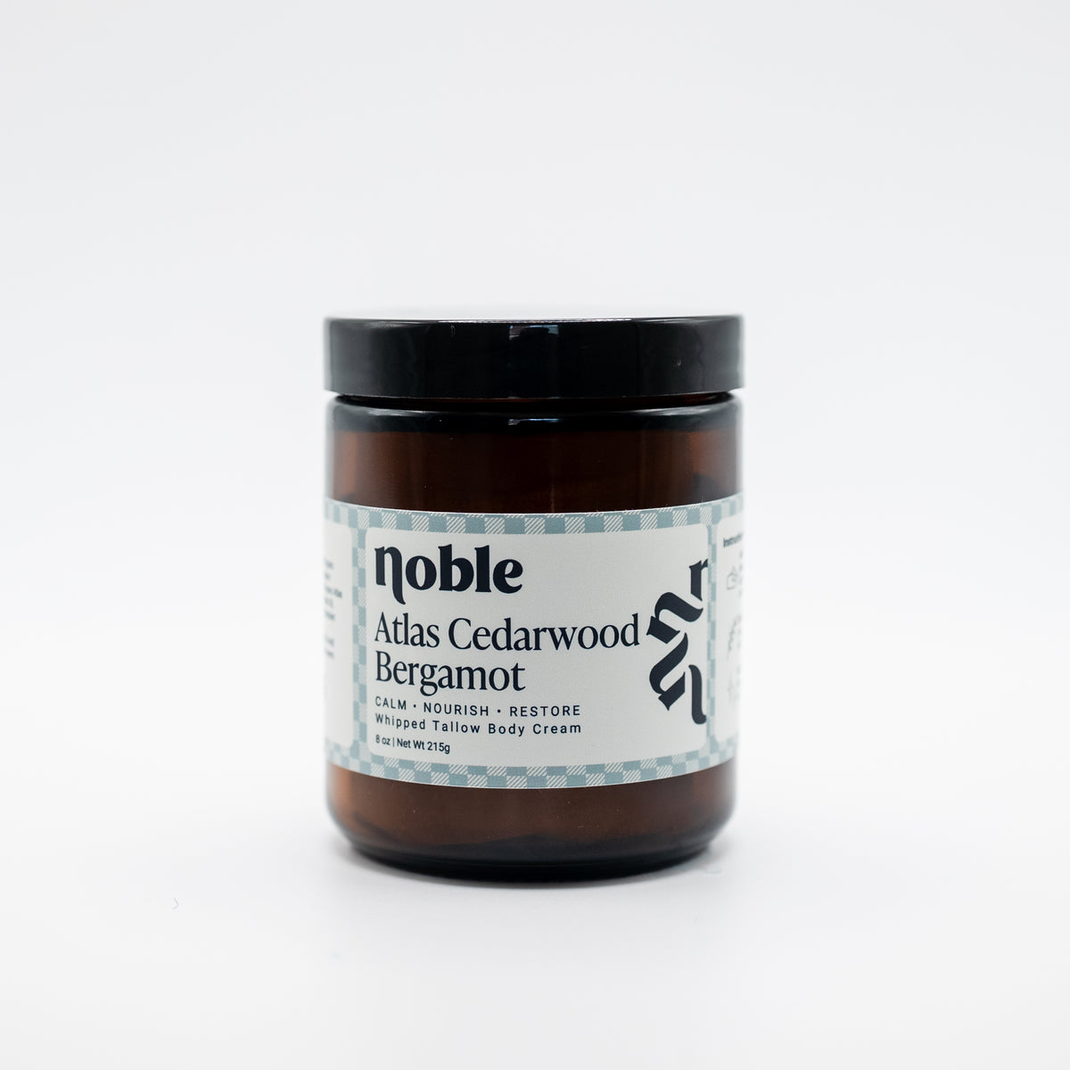 Noble Skin Co. Atlas Cedarwood Bergamot 8 oz amber jar with black lid