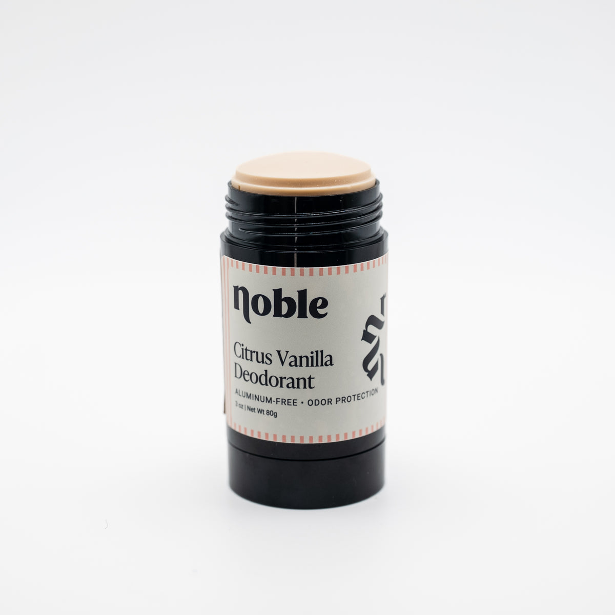 Noble Skin Co. Citrus Vanilla Deodorant 3 oz uncapped black stick showing the deodorant