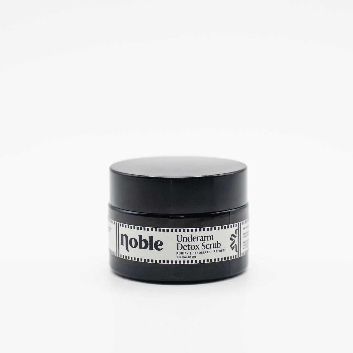 Noble Skin Co. Underarm Detox Scrub 1 oz clear glass jar with black lid