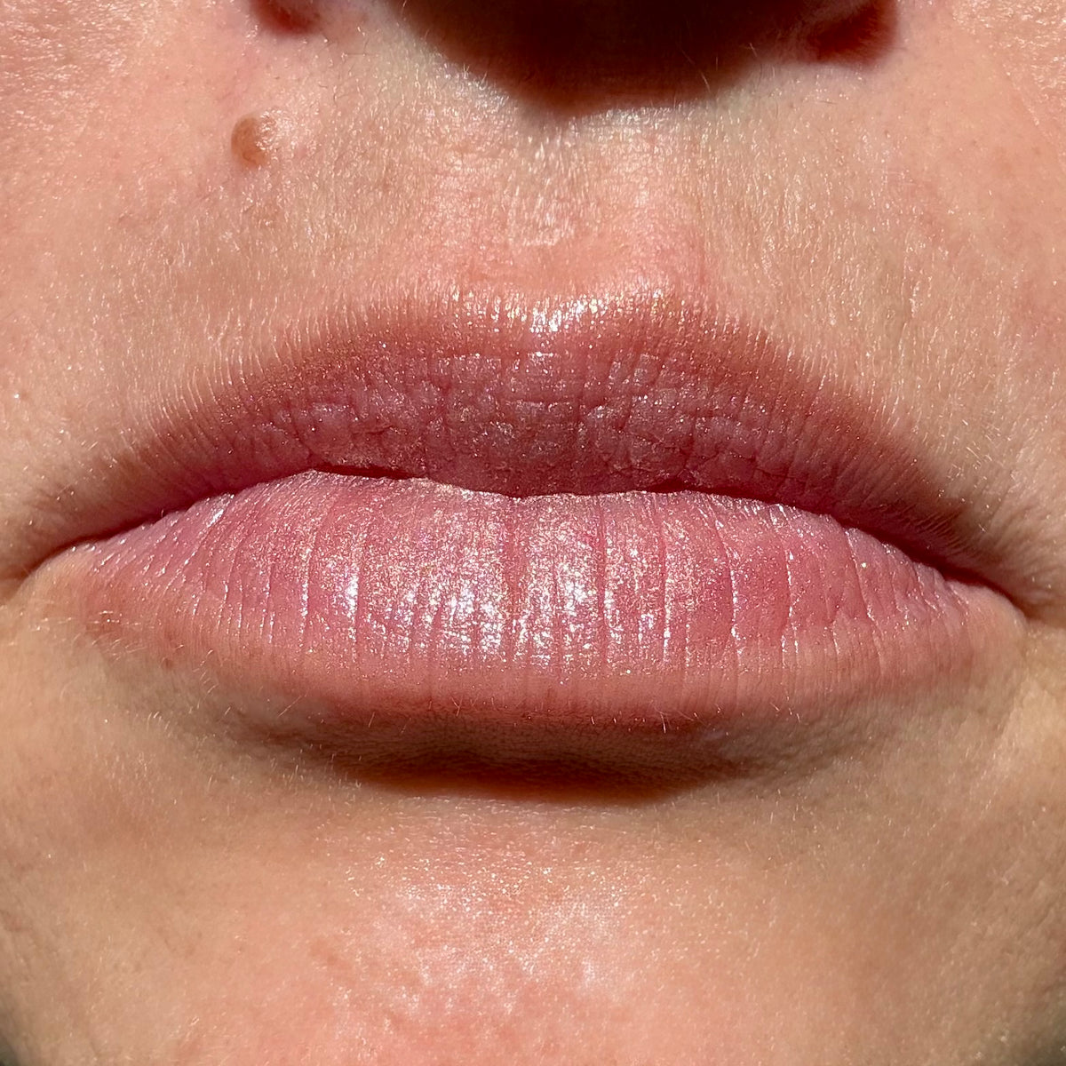 Close-up of lips wearing Sun-Kissed tinted lip balm by Noble Skin Co., a warm bronzed pink shade with a soft golden glow and dewy finish