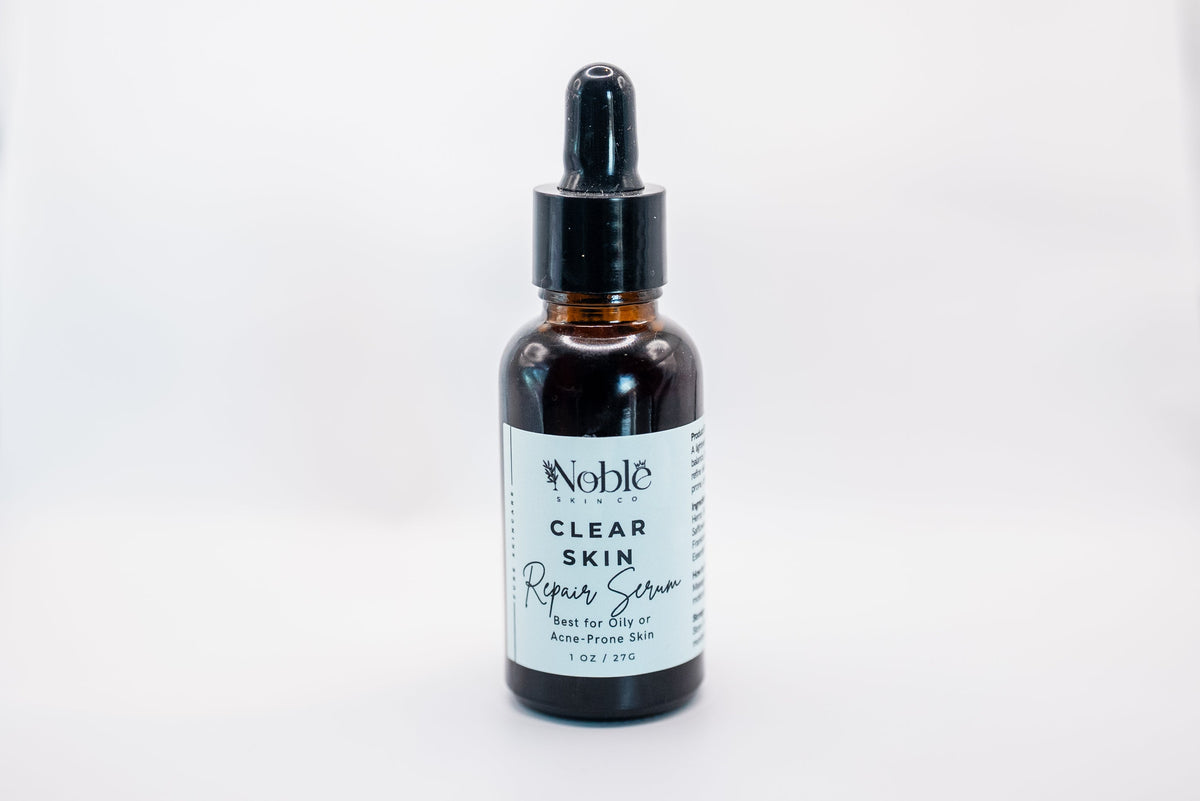 Noble Skin Co. Clear Skin Repair Serum — lightweight organic facial oil serum for acne-prone, oily, and congested skin, 1 oz amber dropper bottle