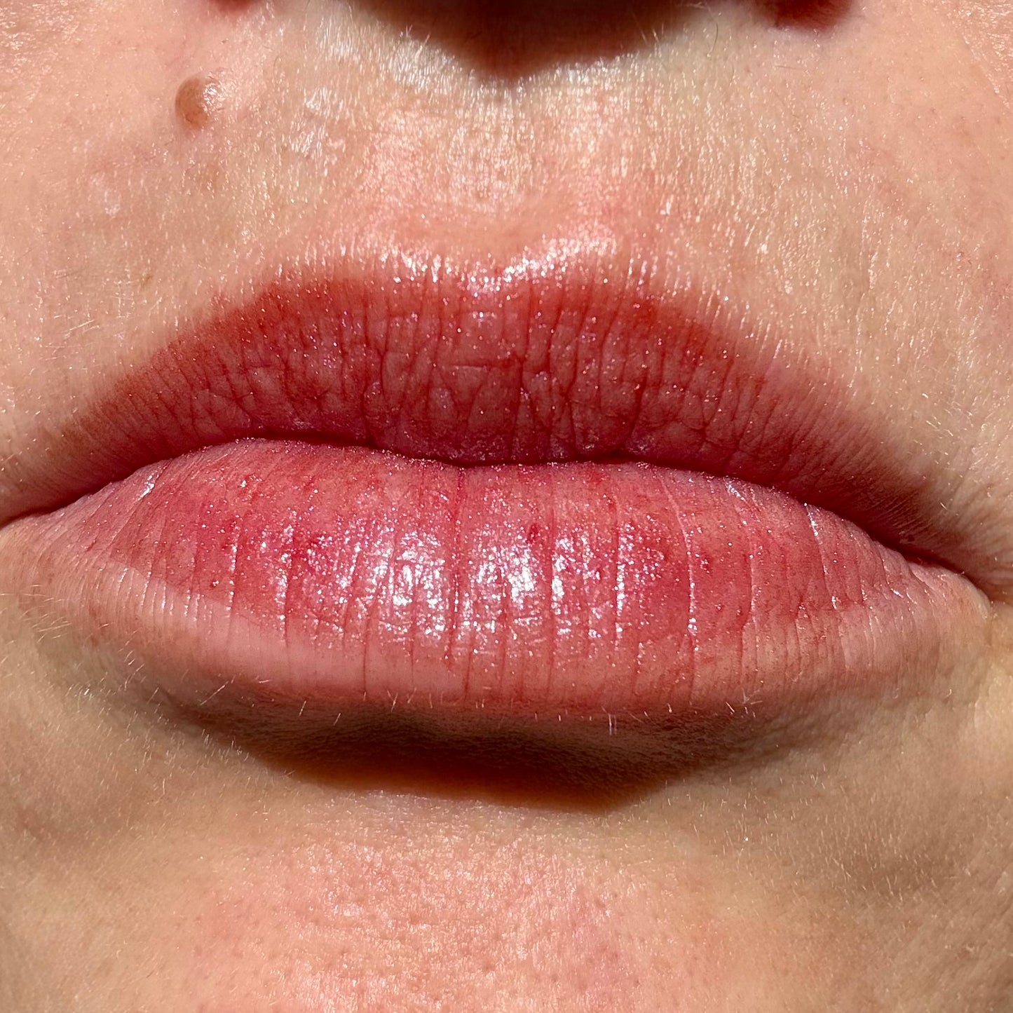 Close-up of lips wearing Noble Skin Co. Grace Maroon tinted lip balm with a sheer, moisturizing burgundy hue.
