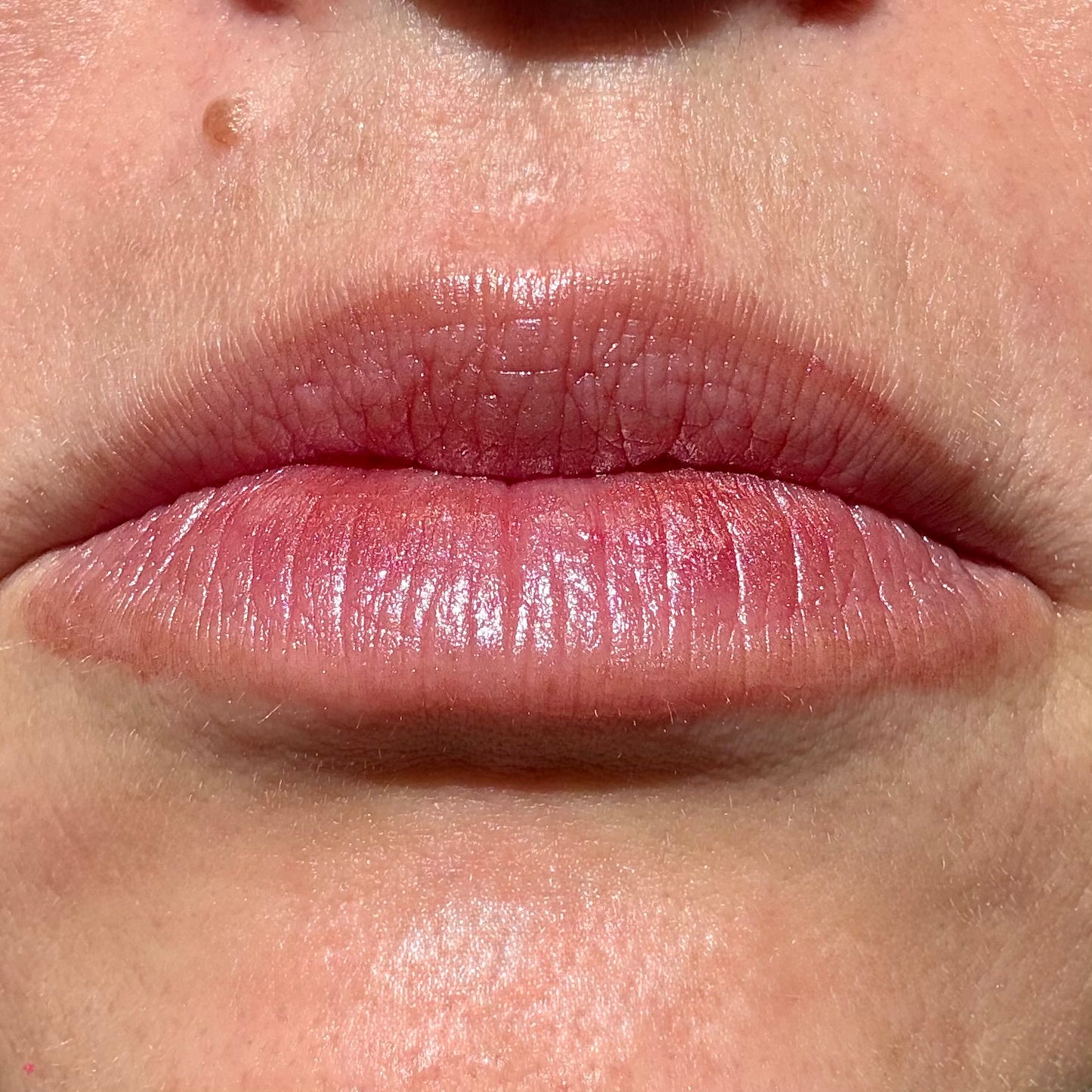 Close-up of lips wearing Mauve Mist tinted lip balm by Noble Skin Co., a soft plum-rose shade with a subtle natural sheen