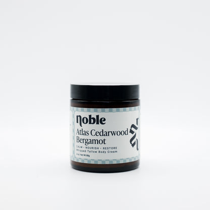 Noble Skin Co. Atlas Cedarwood Bergamot 4 oz amber jar with black lid