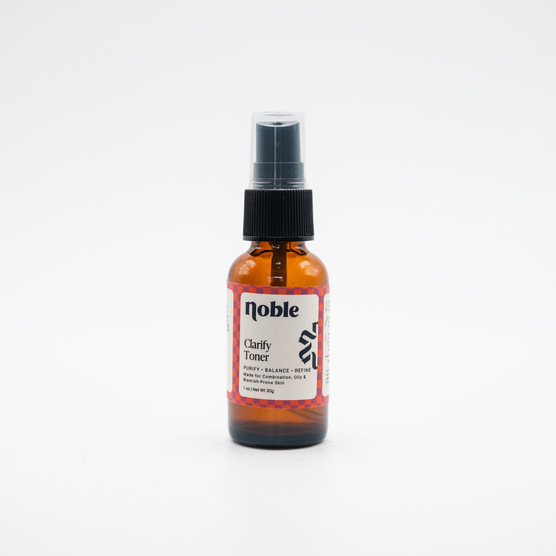 Noble Skin Co. Clarify Toner 1 oz amber spray bottle with clear cap