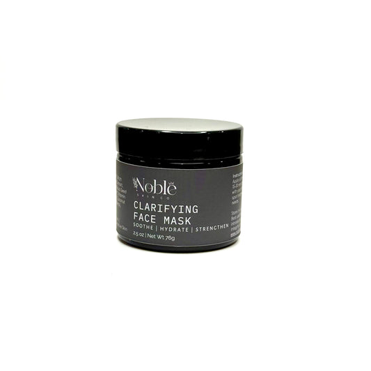 Noble Skin Co. Clarifying Face Mask in a black-lid jar on a white background, formulated to soothe, hydrate, and support acne-prone skin.
