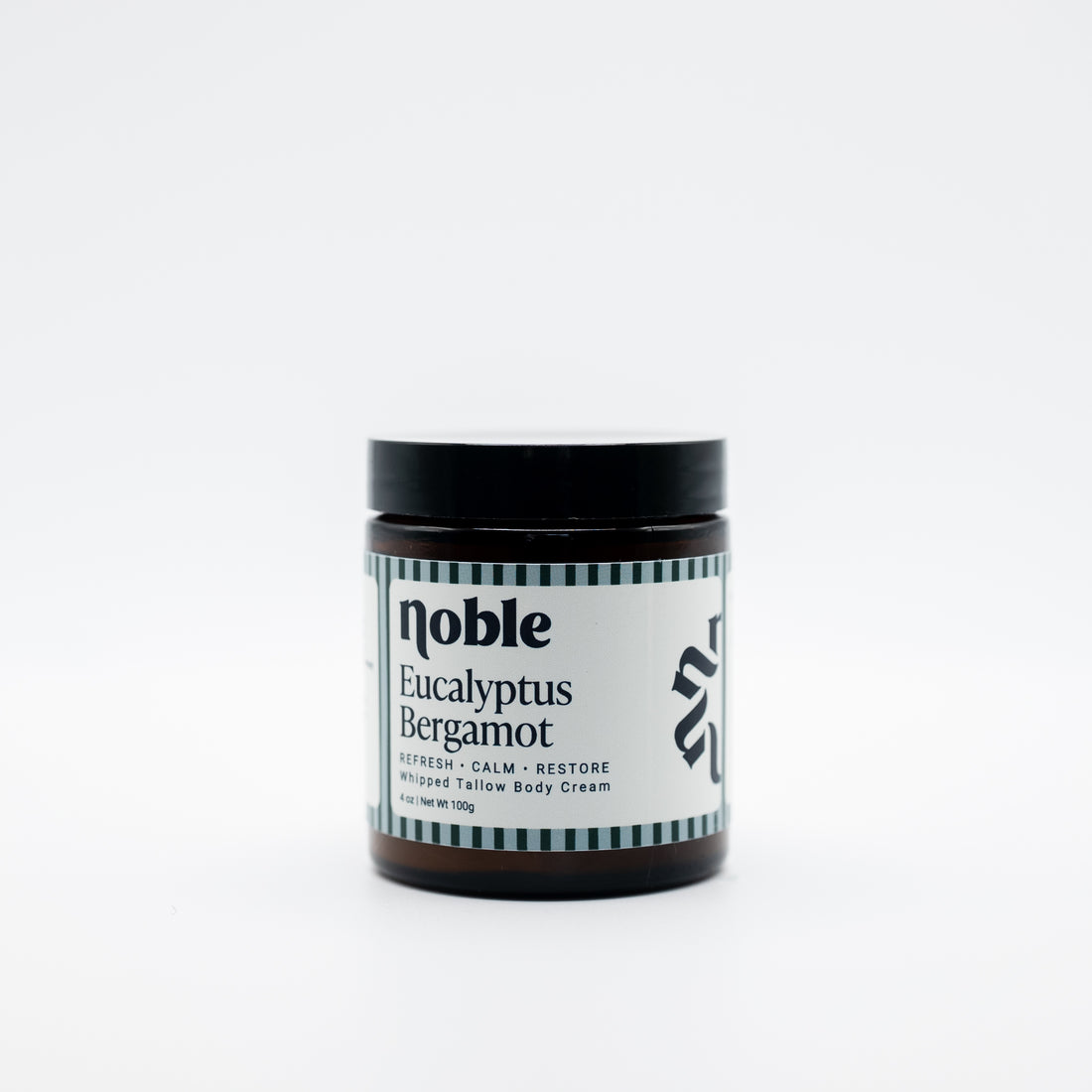 Noble Skin Co. Eucalyptus Bergamot 4 oz amber jar with black lid