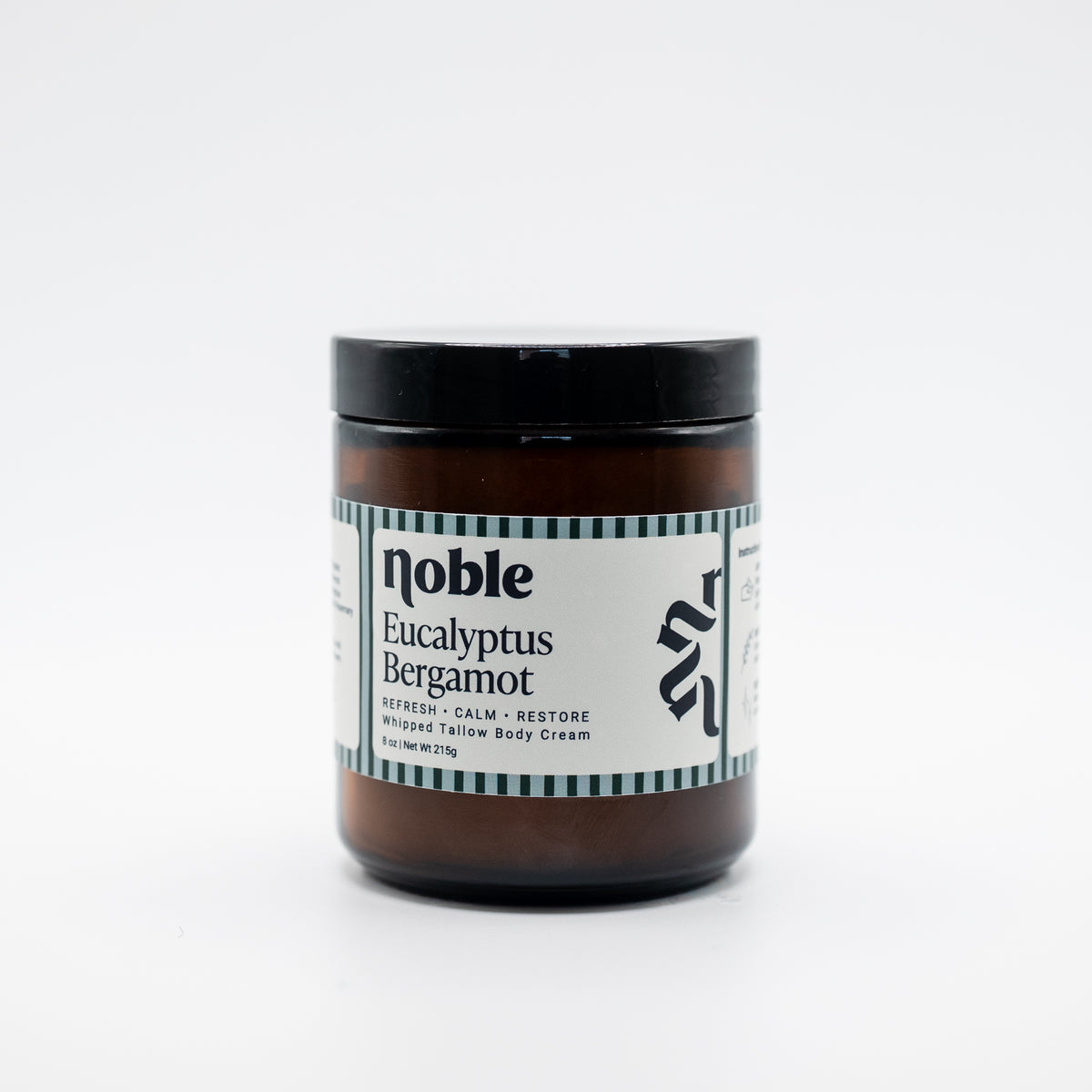 Noble Skin Co. Eucalyptus Bergamot 8 oz amber jar with black lid