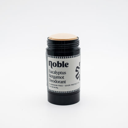 Noble Skin Co. Eucalyptus Bergamot Deodorant 3 oz uncapped black stick showing the deodorant