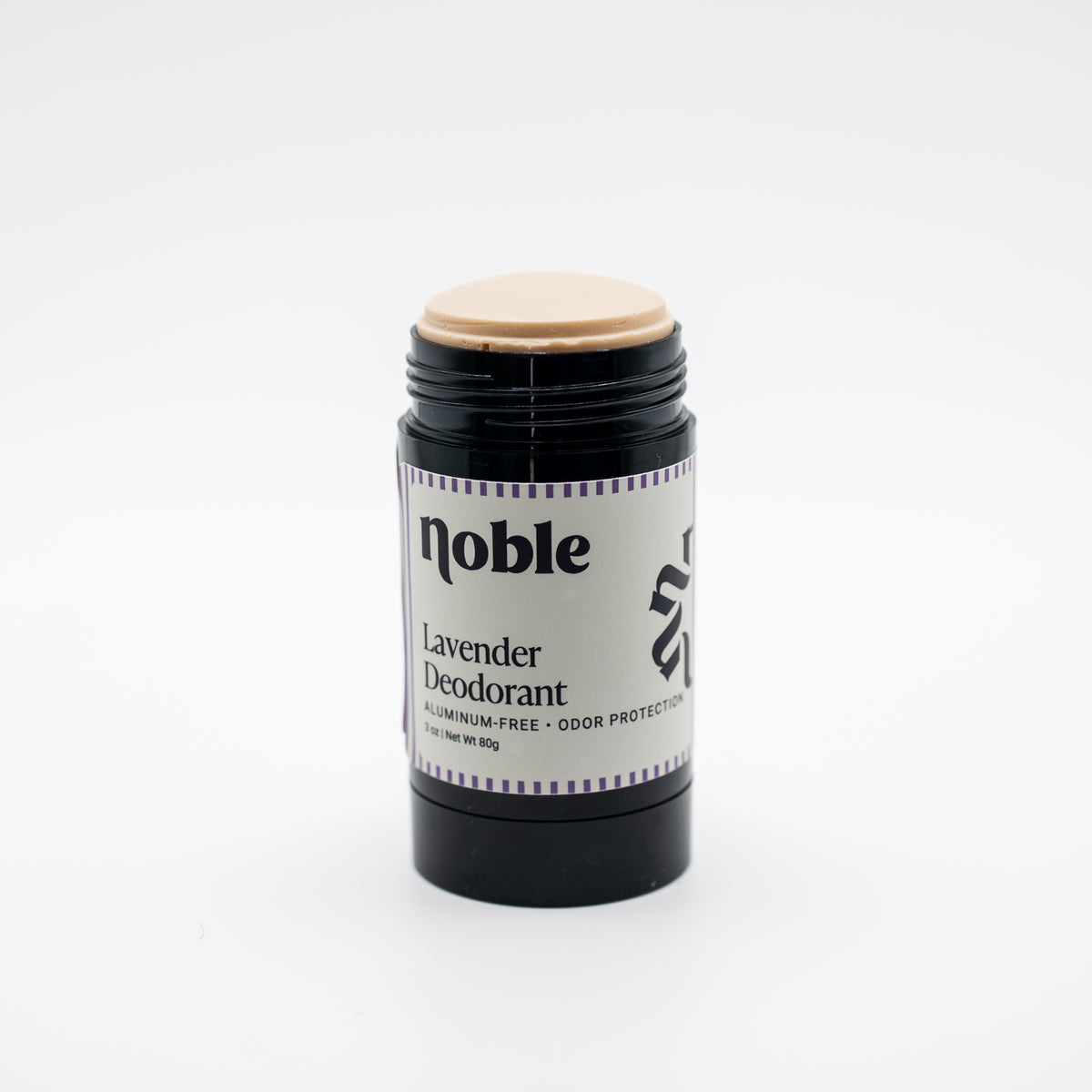 Noble Skin Co. Lavender Deodorant 3 oz uncapped black stick showing the deodorant