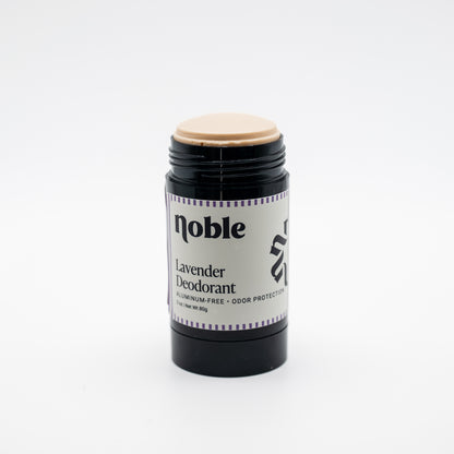 Noble Skin Co. Lavender Deodorant 3 oz uncapped black stick showing the deodorant