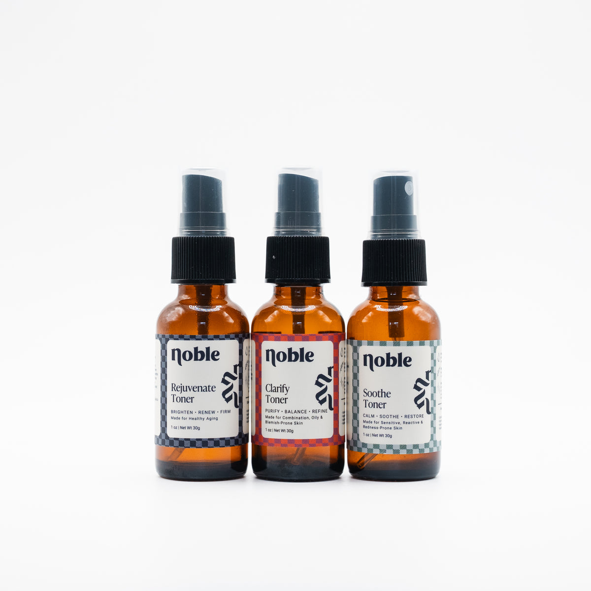 Noble Skin Co. Rejuvenate, Clarify and Soothe Toners in three 1 oz spray bottles