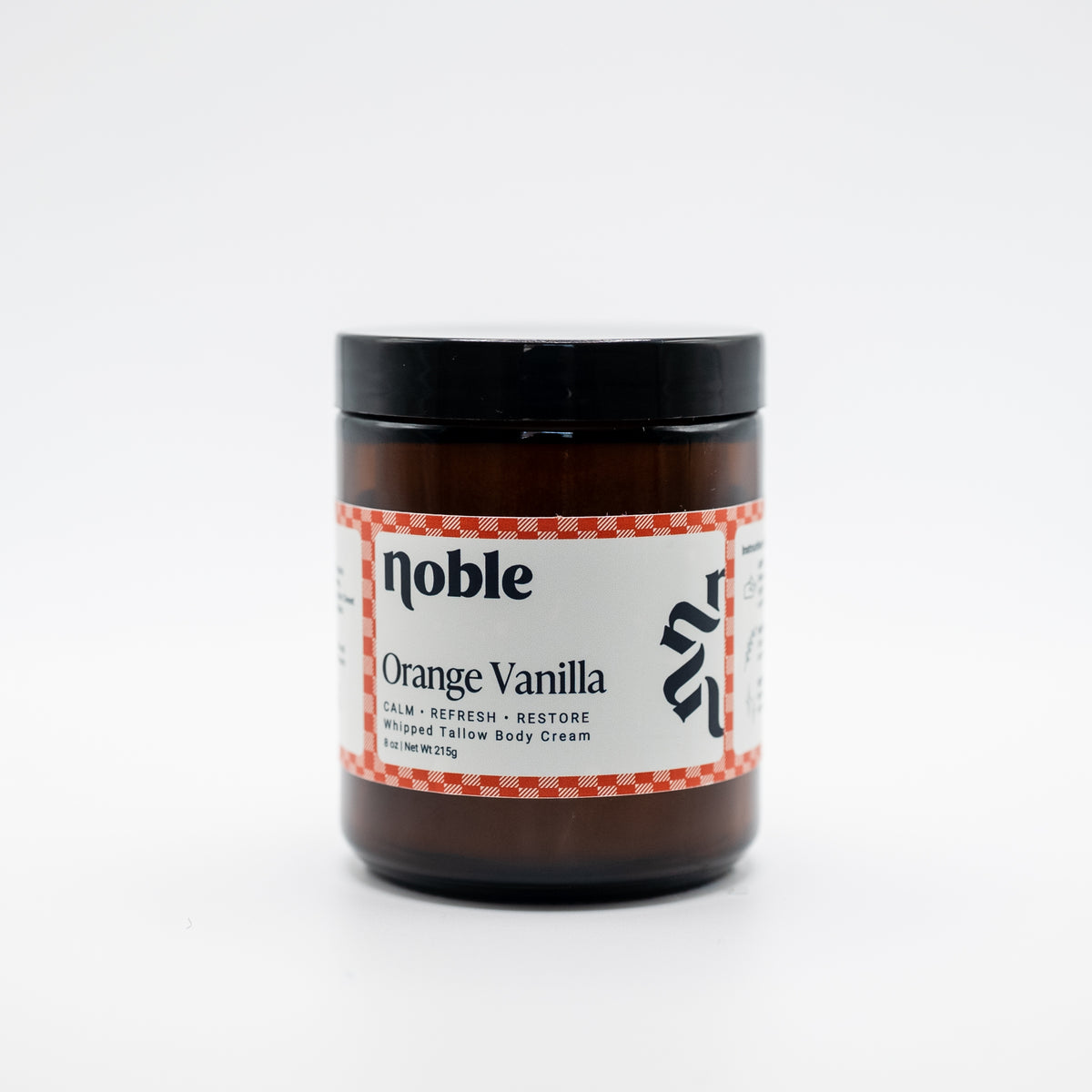 Noble Skin Co. Orange Vanilla 8 oz amber jar with black lid