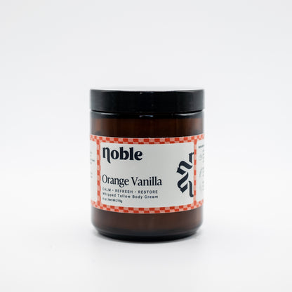 Noble Skin Co. Orange Vanilla 8 oz amber jar with black lid