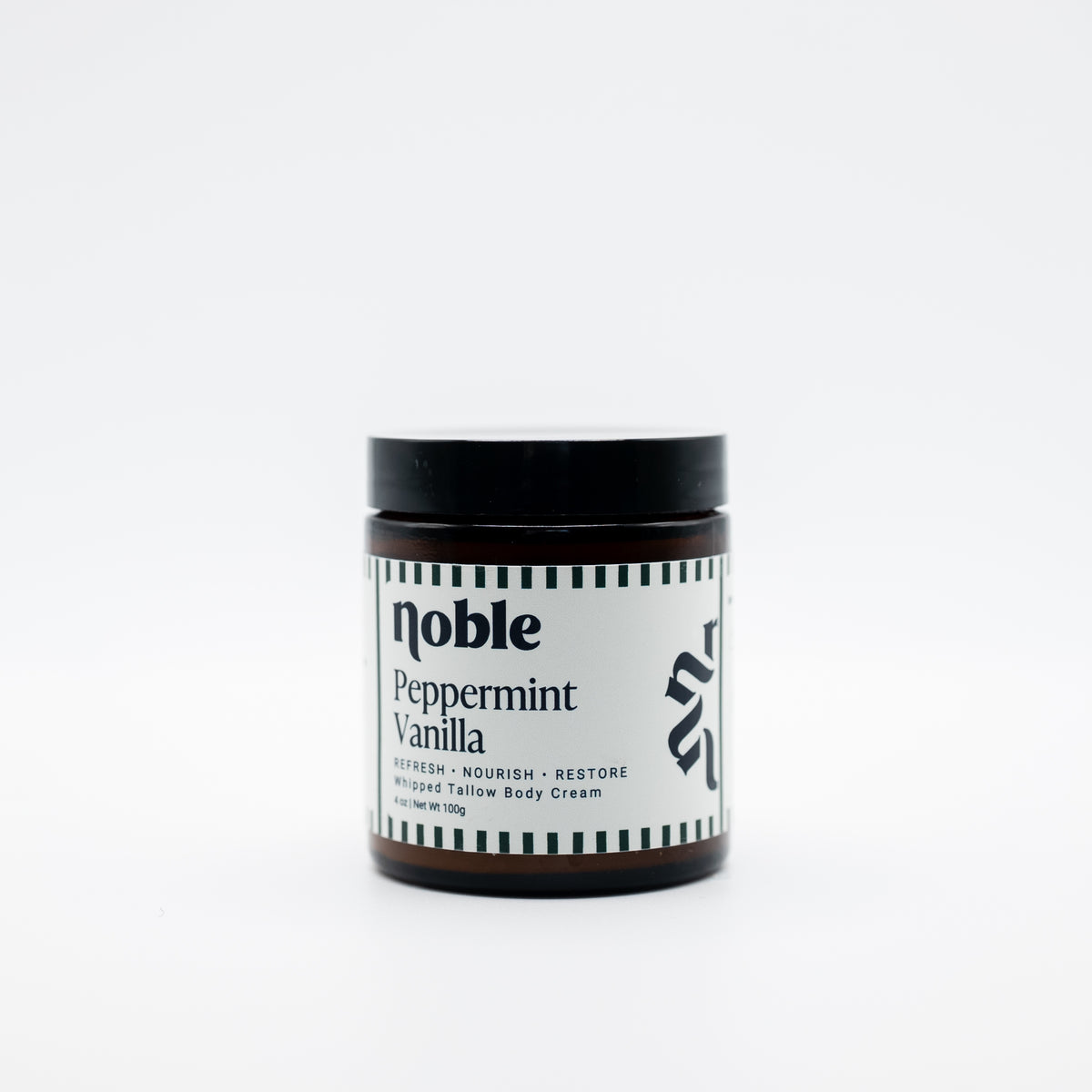 Noble Skin Co. Peppermint Vanilla 4 oz amber jar with black lid