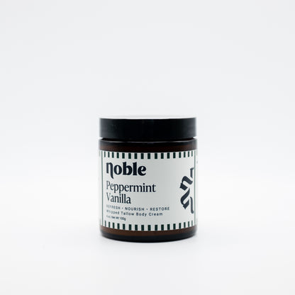 Noble Skin Co. Peppermint Vanilla 4 oz amber jar with black lid