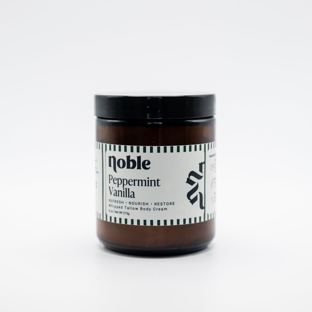 Noble Skin Co. Peppermint Vanilla 8 oz amber jar with black lid