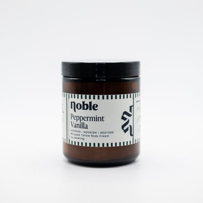 Noble Skin Co. Peppermint Vanilla 8 oz amber jar with black lid