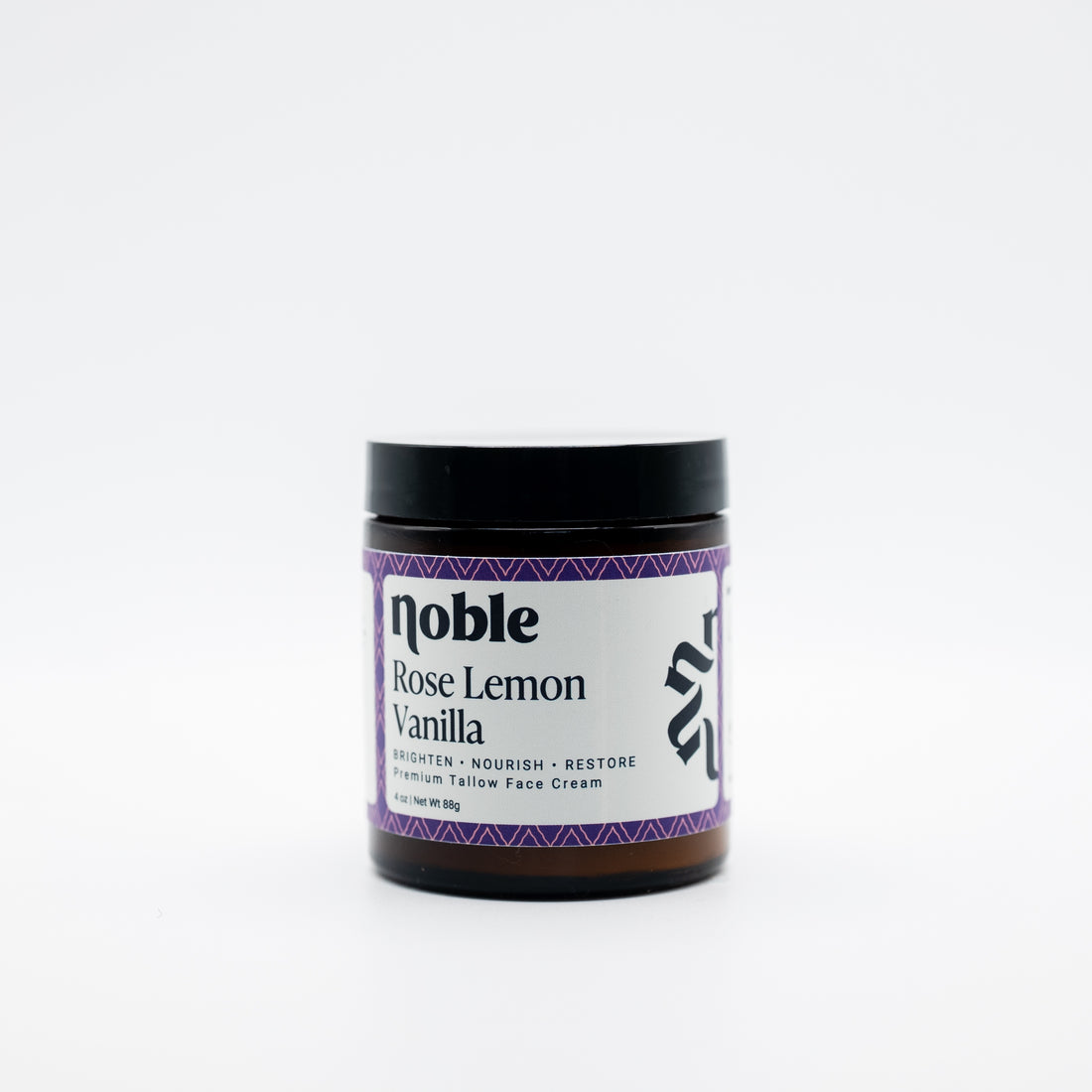 Noble Skin Co. Rose Lemon Vanilla 4 oz amber jar with black lid