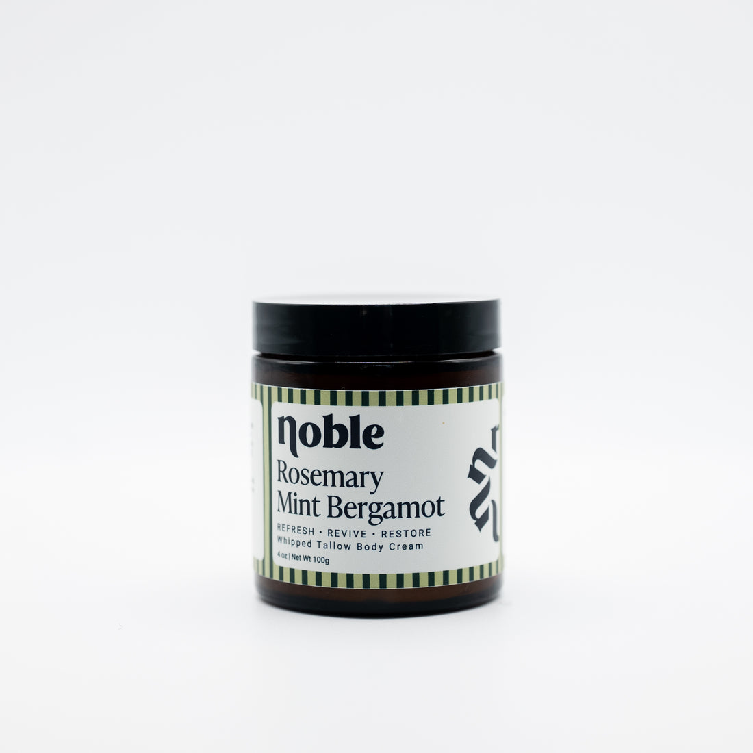Noble Skin Co. Rosemary Mint Bergamot 4 oz amber jar with black lid