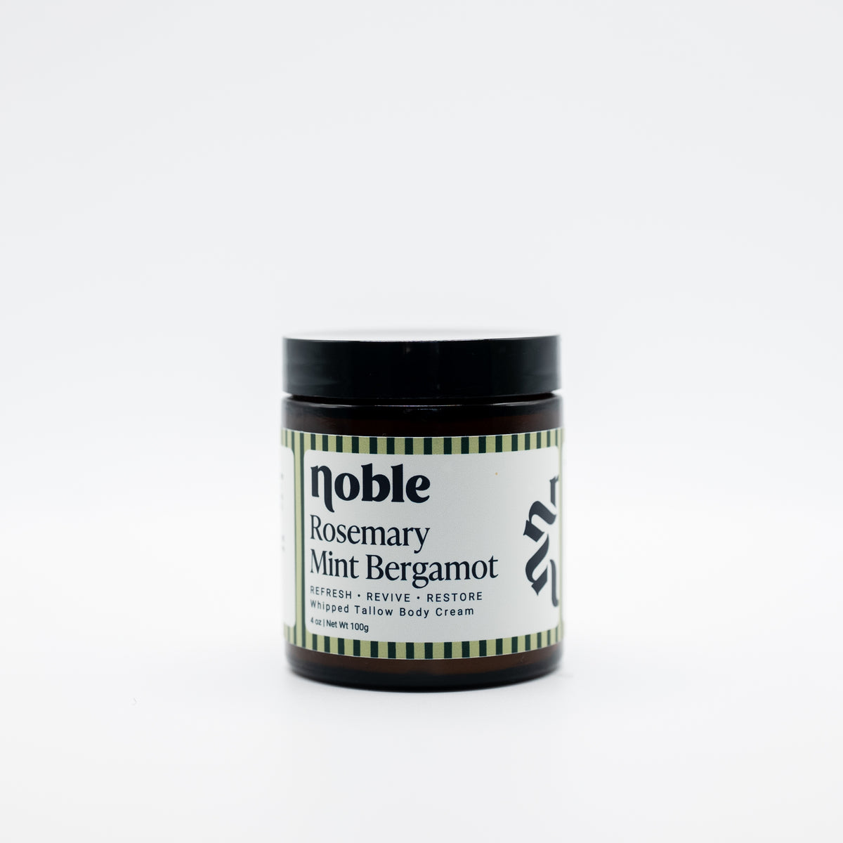 Noble Skin Co. Rosemary Mint Bergamot 4 oz amber jar with black lid