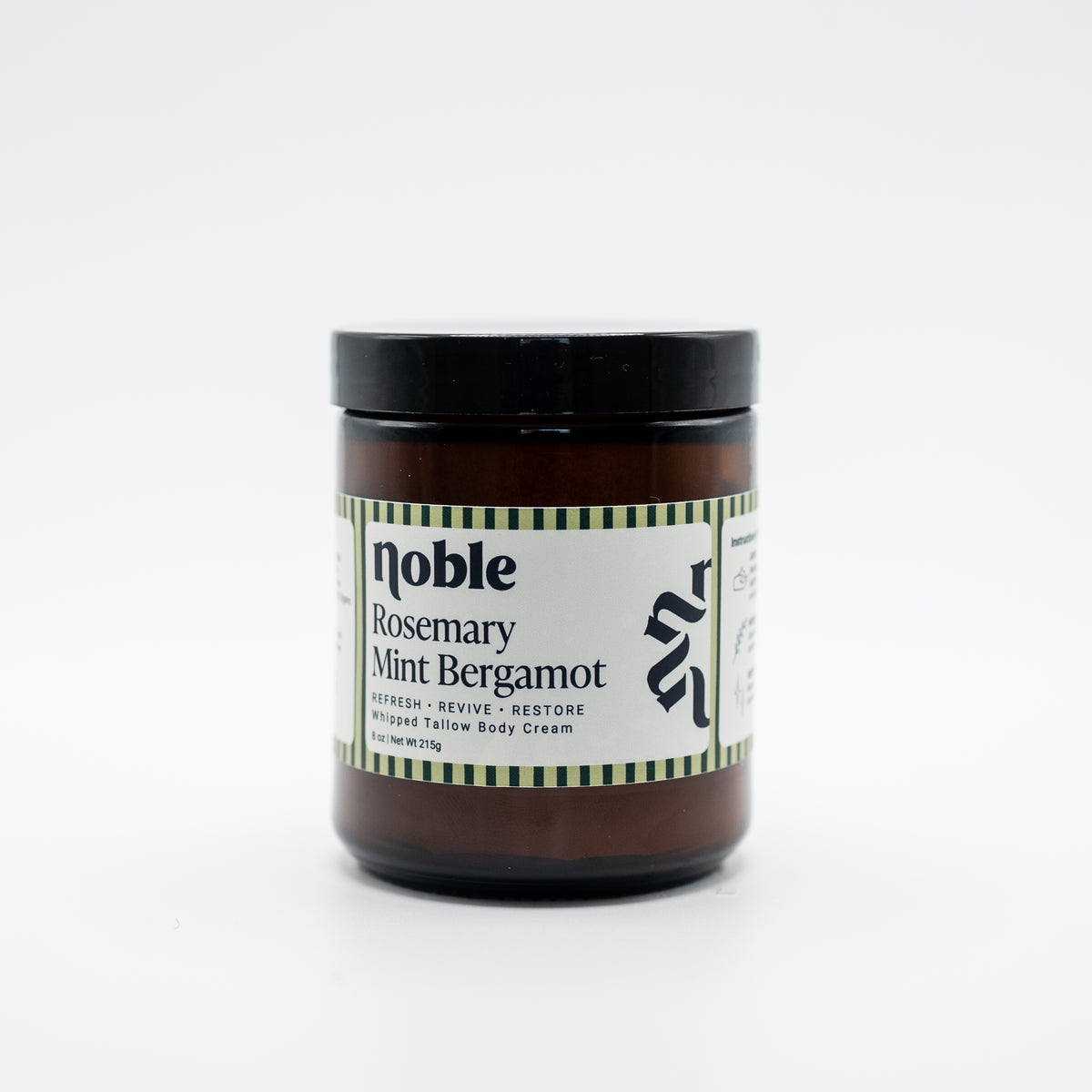 Noble Skin Co. Rosemary Mint Bergamot 8 oz amber jar with black lid