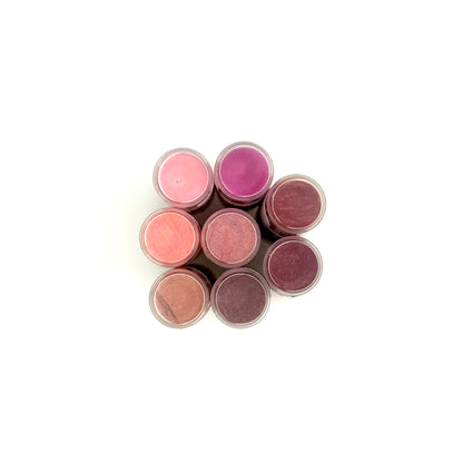 Top view of Noble Skin Co. tinted tallow lip and cheek balms arranged in a circular pattern on a white background.