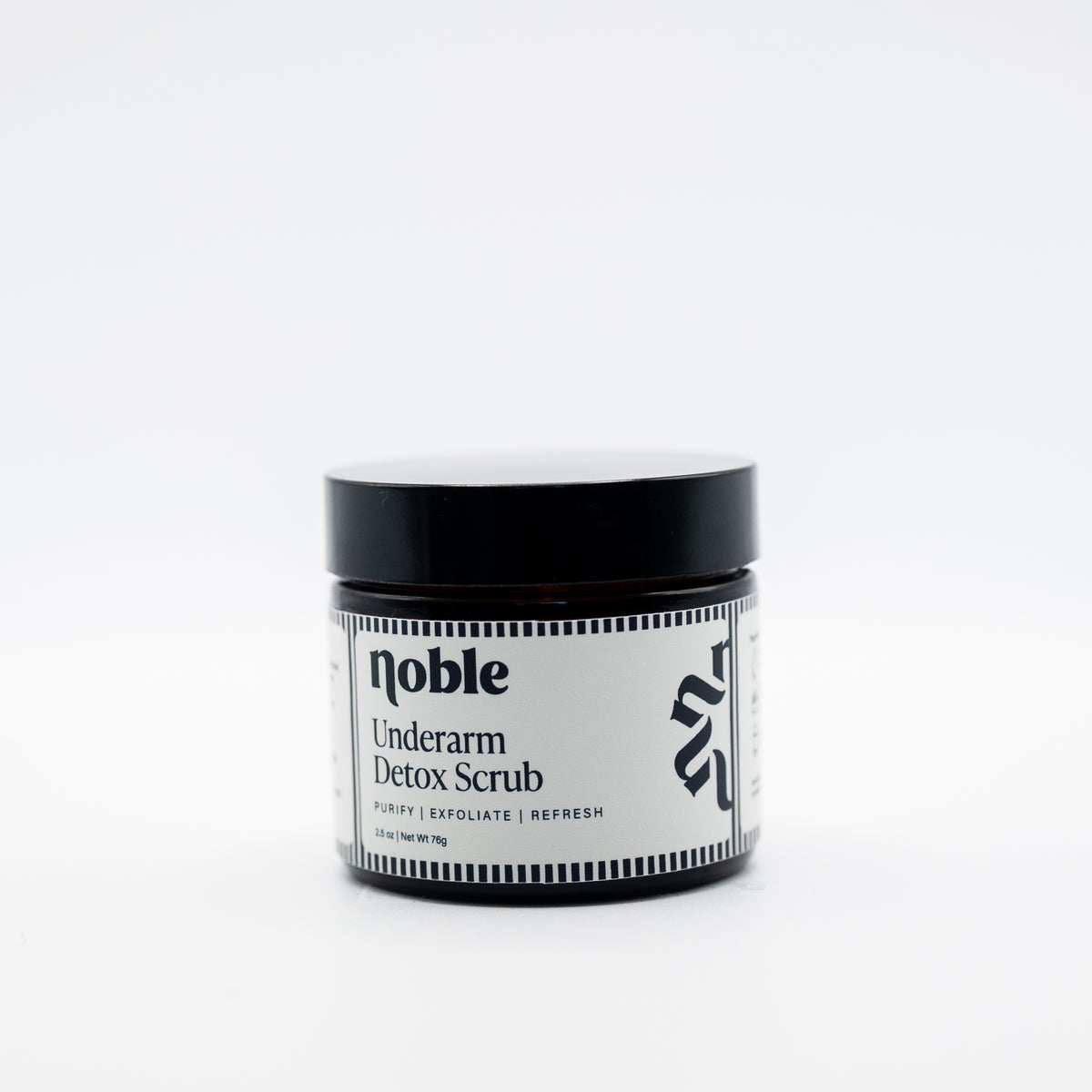 Noble Skin Co. Underarm Detox Scrub 2.5 oz clear glass jar with black lid
