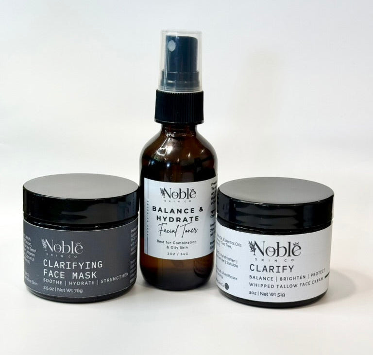 Three Noble skincare products on a white background
