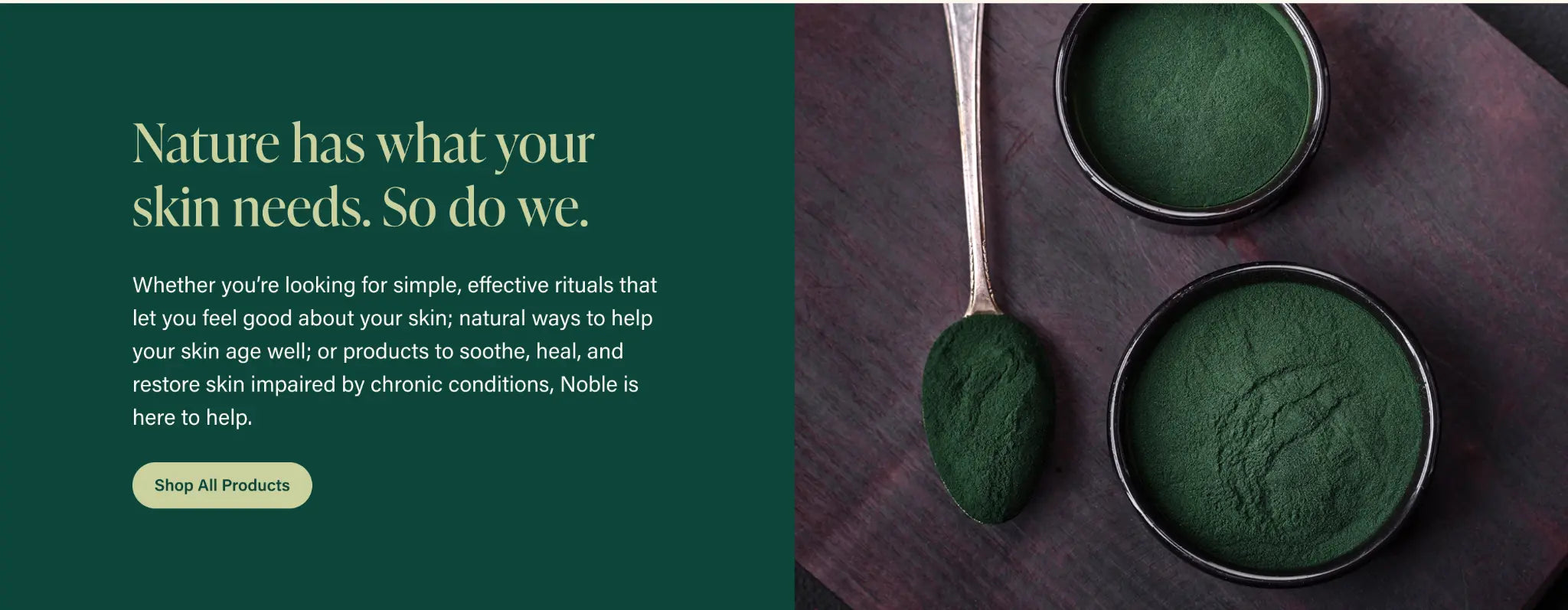 Rich green botanical powder in dark glass bowls with a silver spoon