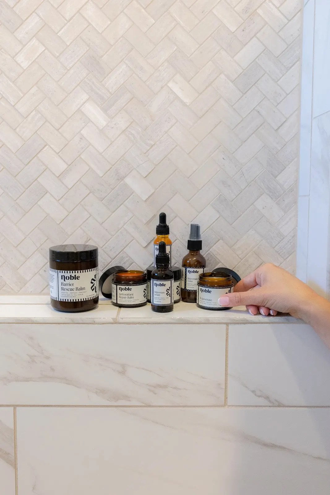 Noble skincare collection in authentic lifestyle photography.